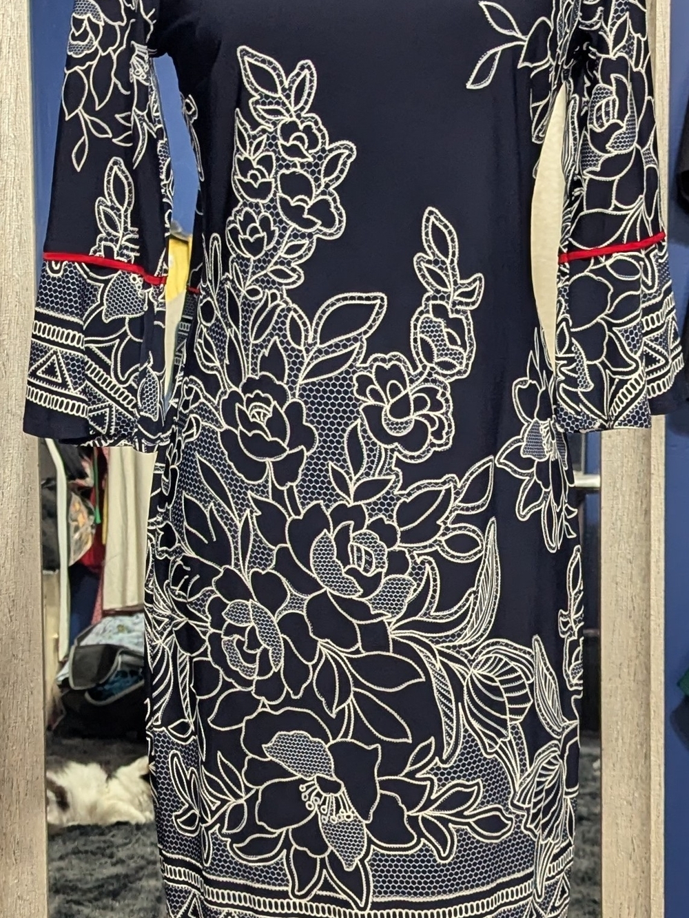 Enfocus Studio Navy Dress with White Floral Lace-Style Print and Red Trim